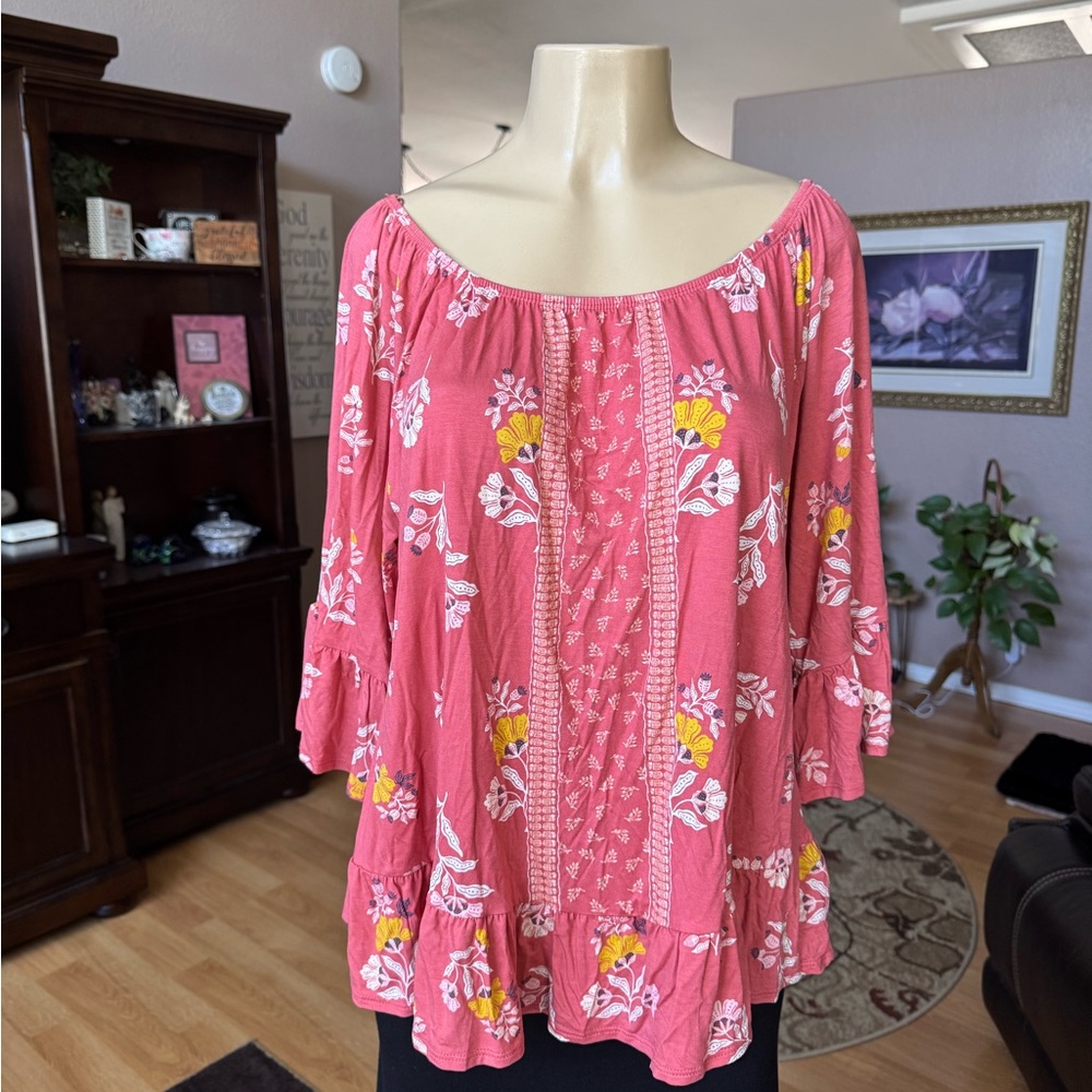 Style & Co pinkish/brown floral 3/4 ruffled sleeves blouse-size XL-NWT